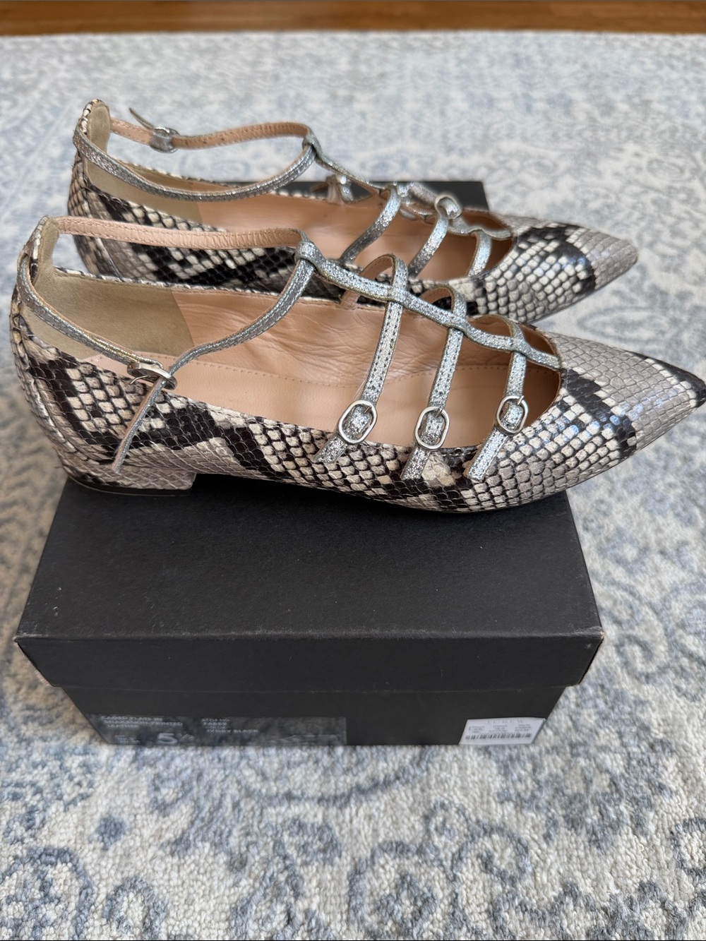 J. Crew Pointed Snake-Print Flats with Silver Strappy Accents